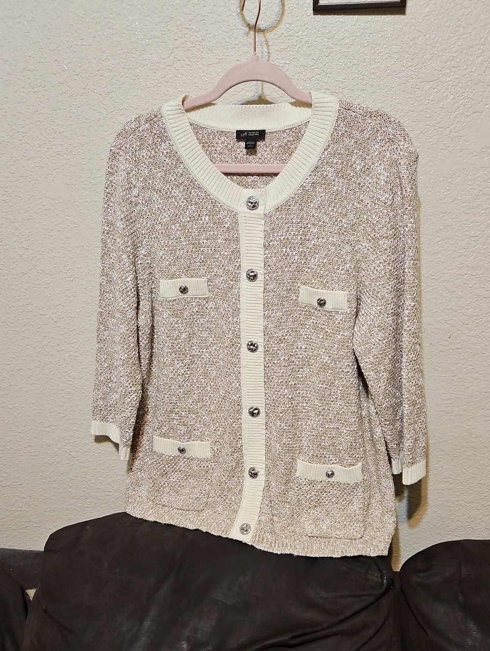 J. Jill Cream and Tan Textured Button Cardigan